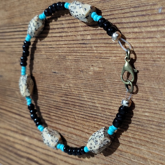 Men's Faux Bone,  Black and Turquoise Beaded Bracelet,  Handmade Bracelet - Picture 6 of 7